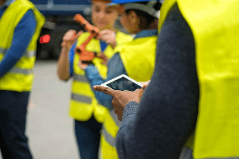 A team of personnel discussing industry compliance while one person uses a tablet to review regulatory requirements. Learn about documenting for industry compliance at 1stReporting.com.