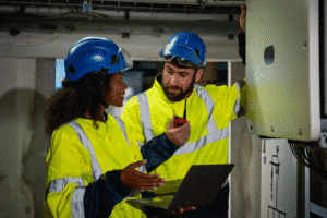 Two workers review a safety inspection recorded using mobile devices. Learn about mobile reporting for industry compliance and to meet regulatory requirements at 1stReporting.com.