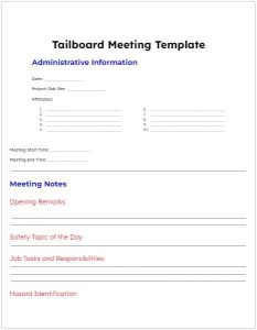 A tailboard meeting form example of the first page. Learn more about tailboard meeting form elements and management at 1stReporting.com.
