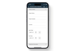 Mobile view of the Construction Submittal Log in the 1st Reporting app, featuring fields for project name, project number, location, and start and end dates. Designed for construction teams to manage submittals, track documentation, and streamline project workflows through digital field reporting.