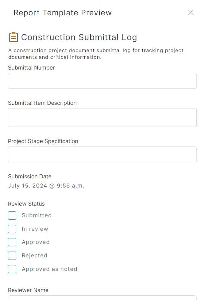 A screenshot of the 1st Reporting app's construction submittal log form.