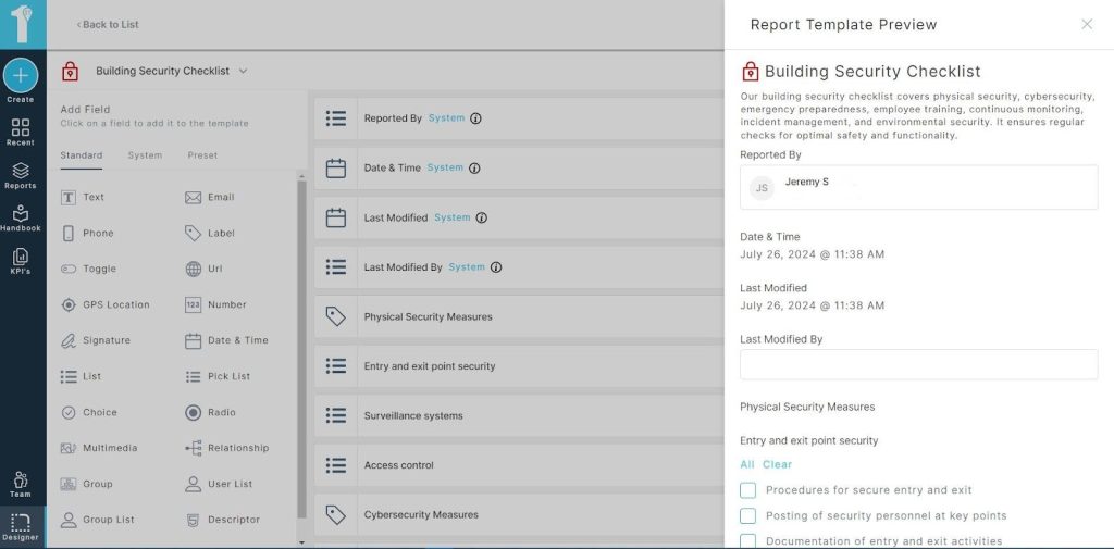 A screenshot from the 1st Reporting app showing the Building Security Checklist. Learn more about security checklists and mobile reporting at 1stReporting.com.