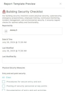 A screenshot of the digital building security checklist that you can use in the 1st Reporting app. Learn more at 1stReporting.com.