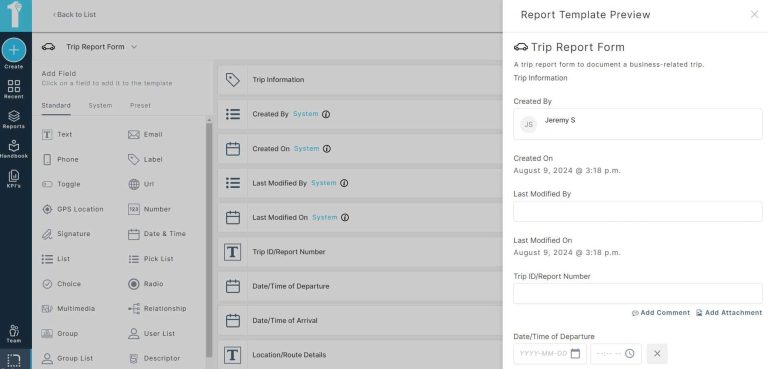 A screenshot of the 1st Reporting app's Trip Report Form. Learn more at 1stReporting.com.