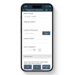 Mobile view of the Playground Inspection Report in the 1st Reporting app, showing fields for playground name, location, inspector details, inspection date, and general safety checks. Used by municipalities, schools, and parks teams to perform digital playground audits, identify hazards, and maintain compliance through mobile field reporting.