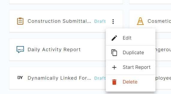A screenshot of the 1st Reporting app's template library menu options, in particular how to edit forms. Learn more at 1stReporting.com.
