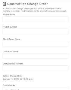 A screenshot showing the construction change order form inside the 1st Reporting app. Learn more about mobile change order form management at 1stReporting.com.