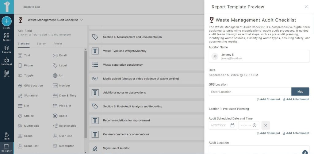 A screenshot showing the Waste Management Audit Checklist in the 1st Reporting application. Learn more at 1stReporting.com.