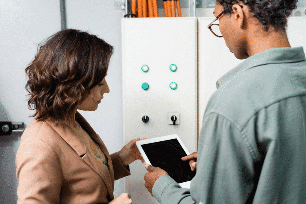 A building manager and maintenance worker review notes from a controls inspection as they check building controls. Learn about using 1st Reporting app with your BAS to have a comprehensive building management solution.
