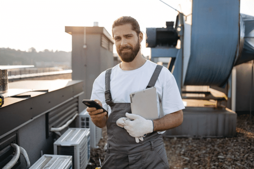 A building facility maintenance worker uses a mobile application to document his rooftop inspection. Learn more about unifying BAS and mobile reporting solutions for facility management at 1stReporting.com.