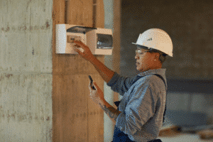 A building maintenance engineer checks the building controls against the notes in the 1st Reporting application. Learn how you can use Building Automation Systems (BAS) with mobile reporting tools for a unified building management solution.