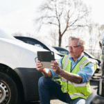 A fleet manager uses mobile asset tracking and documentation management to complete a report. Learn more about mobile asset tracking and documentation at 1stReporting.com.