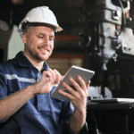 A maintenance worker leveraging mobile technology for predictive maintenance in asset management. Learn more about mobile reporting for maintenance at 1stReporting.com.