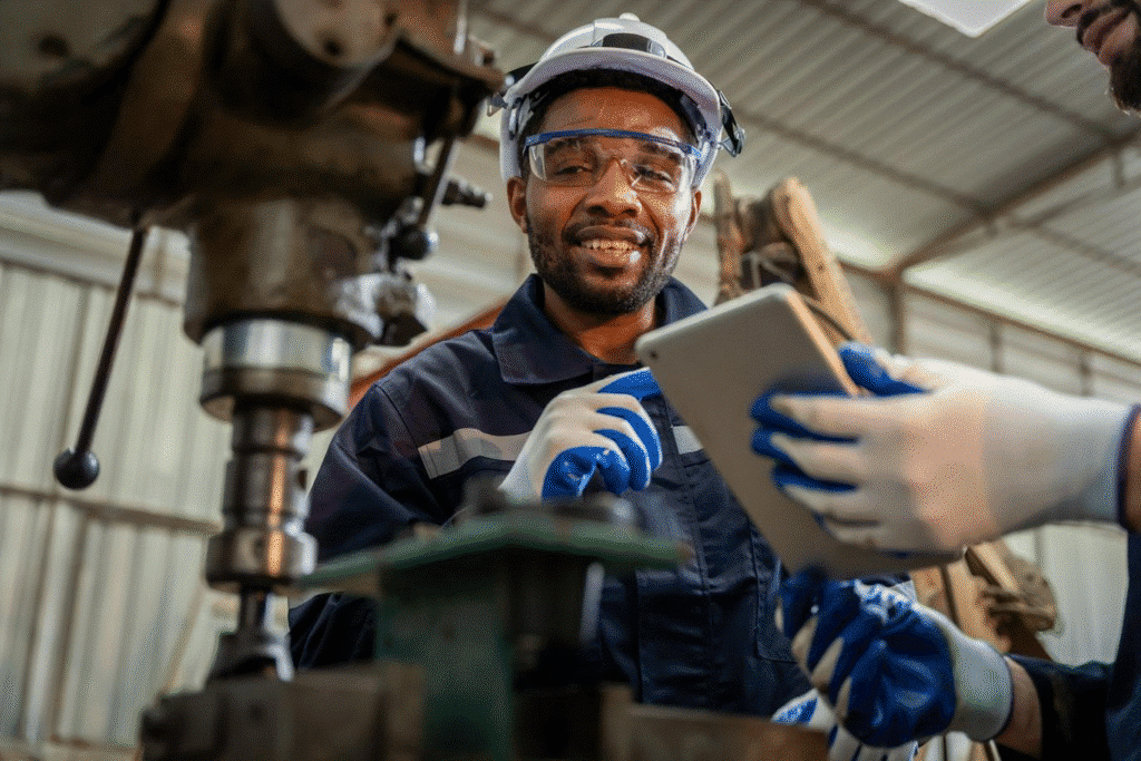 A maintenance team completes predictive maintenance with a tablet to complete the maintenance report. Learn more about maintenance reporting at 1stReporting.com.