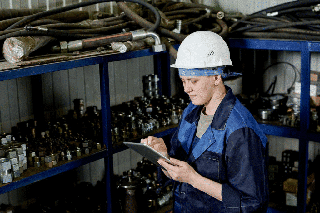 A maintenance worker uses a tablet with a mobile reporting solution like 1st Reporting to complete a maintenance report. Learn more about mobile reporting at 1stReporting.com.