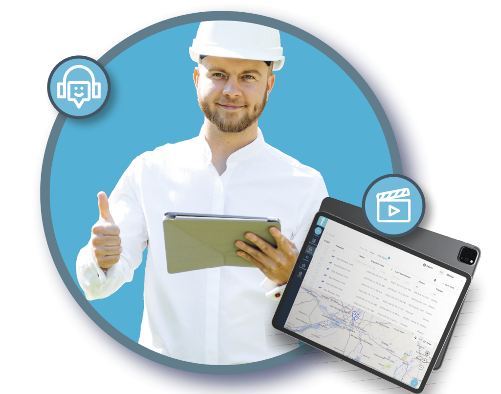 A utilities supervisor reviews his utilities app with a mobile tablet running the 1st Reporting app. Learn more about reporting in Utilities at 1stReporting.com.