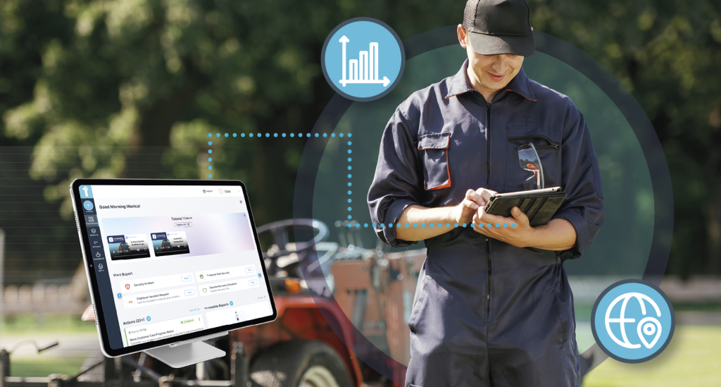 A utilities worker uses a utilities app for equipment inspection reporting in this photo. Learn more about utilities infrastructure reporting at 1stReporting.com.