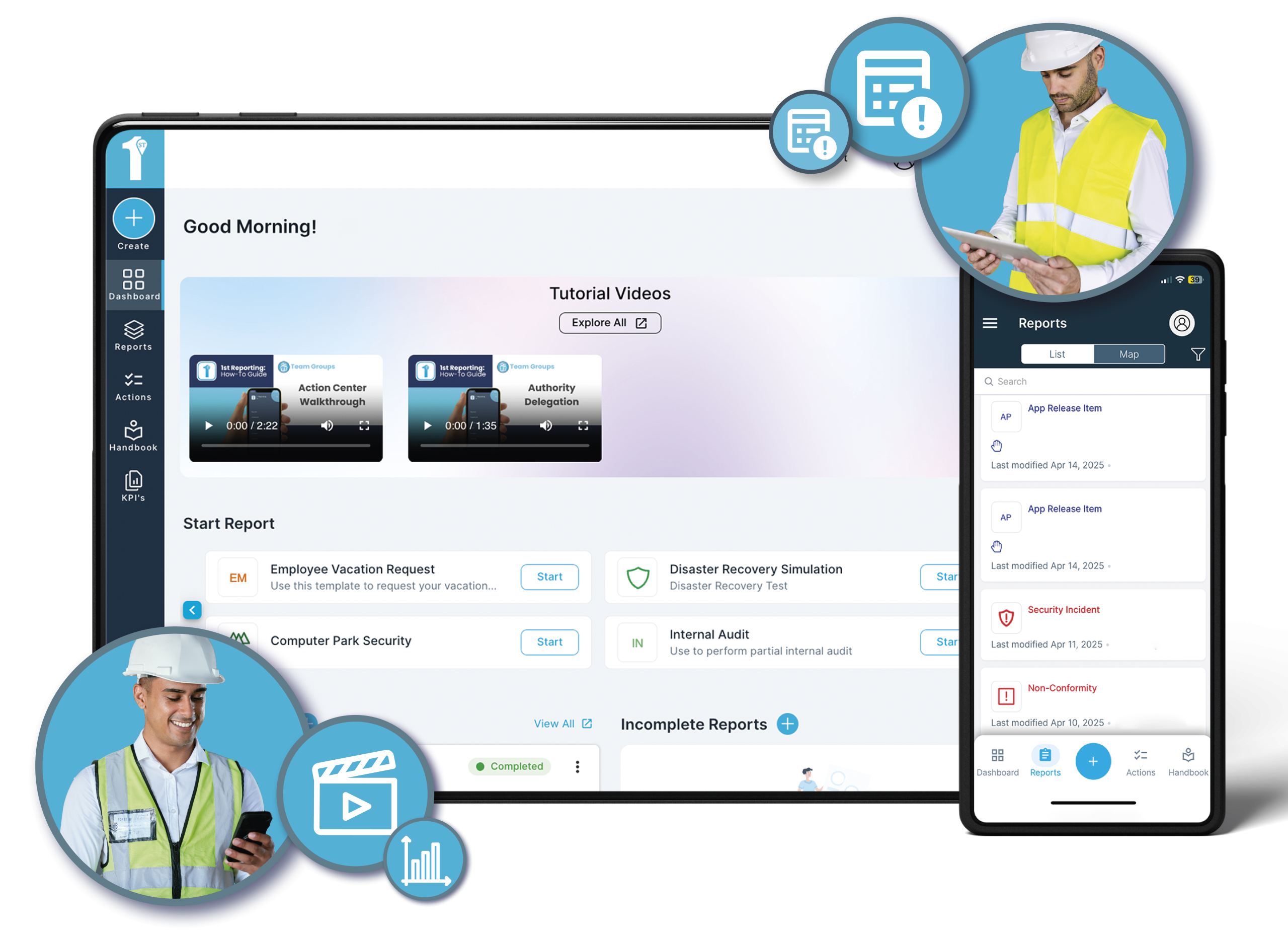 The best service management app used in utilities is the 1st Reporting app, as depicted in this graphic showing the app on multiple mobile devices. Learn more about reporting in the utilities sectors at 1stReporting.com.