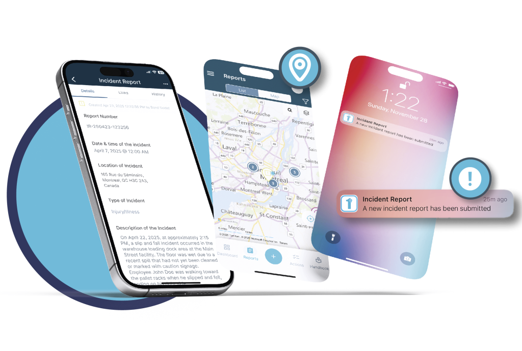 A mobile app with real-time notifications is represented in this graphic. Learn more about GPS-enabled real-time notifications at 1stReporting.com.