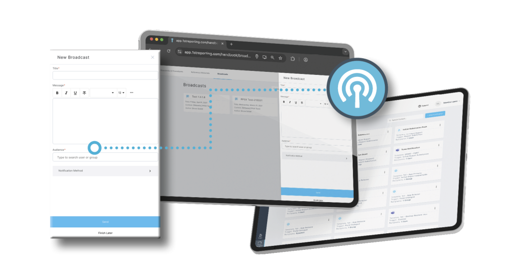 The digital handbook feature in 1st Reporting app is shown complemented by the team broadcast feature. Learn more about the digital binder and broadcast features of the app at 1stReporting.com.