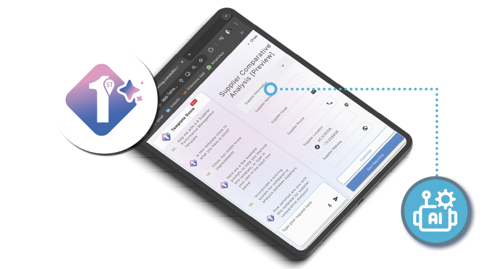The online form builder AI-enhanced feature called Template Genie is shown in the 1st Reporting app. Learn more at 1stReporting.com.