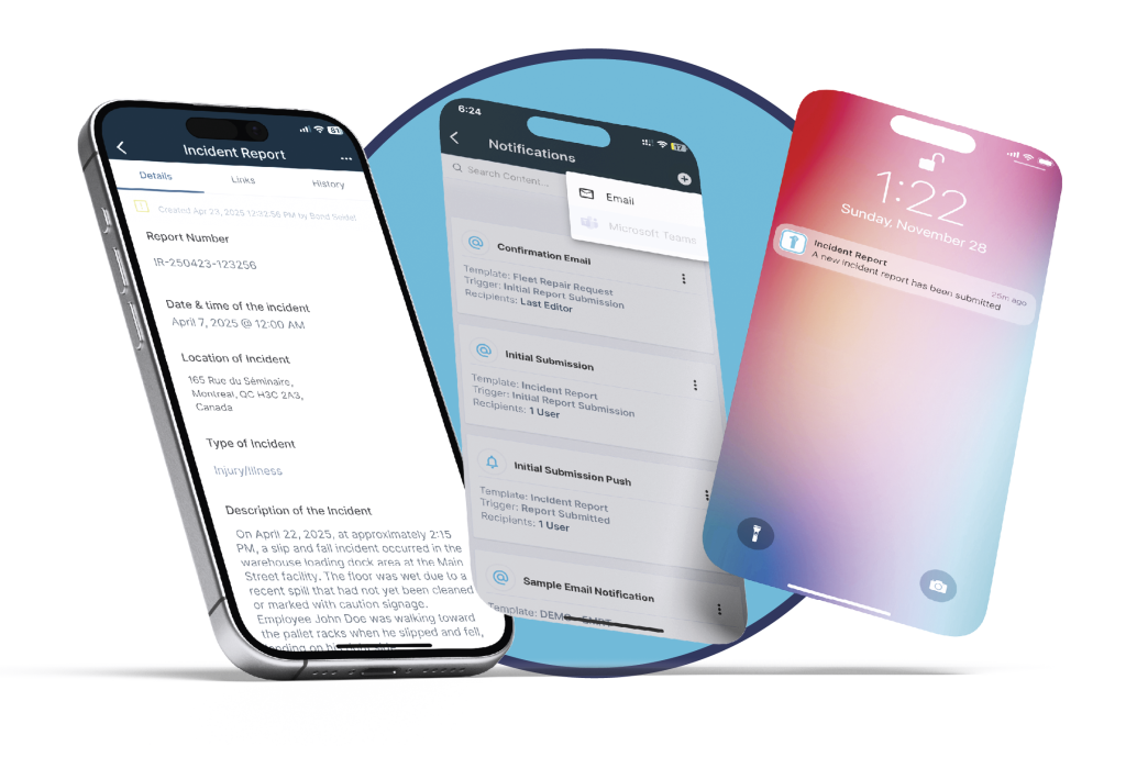 Fast paced business and event task notifications are represented in this graphic. Learn more about business notification features and more at 1stReporting.com.