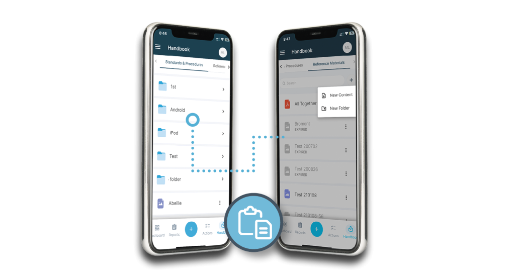 A handbook app, digital binder feature is shown within the 1st Reporting app on dual mobile devices. Learn more about document storage for field teams at 1stReporting.com.