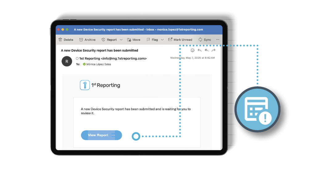 Automated follow-up alerts and event notifications are shown on a mobile tablet running the 1st Reporting app. Learn more about business notification features at 1stReporting.com.