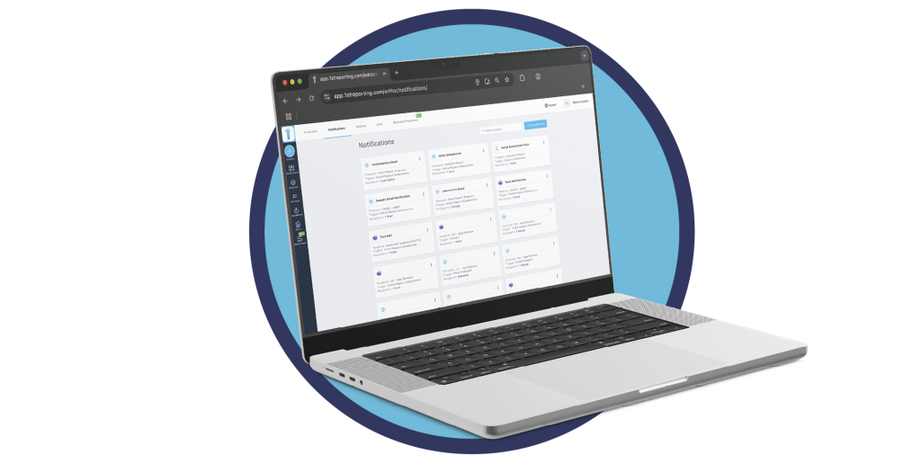 Task notification features of the 1st Reporting app are shown delivering the right alerts at the right time. Learn more about event notifications and other features at 1stReporting.com.