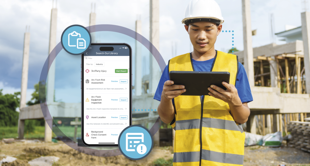 A worker uses a construction daily log software solution for documenting digital safety inspections in this image. Learn more about inspection reporting for construction at 1stReporting.com.