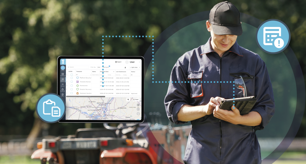 A municipal worker completes a digital safety inspection using a mobile device. Learn more about using a municipal app for mobile reporting at 1stReporting.com.