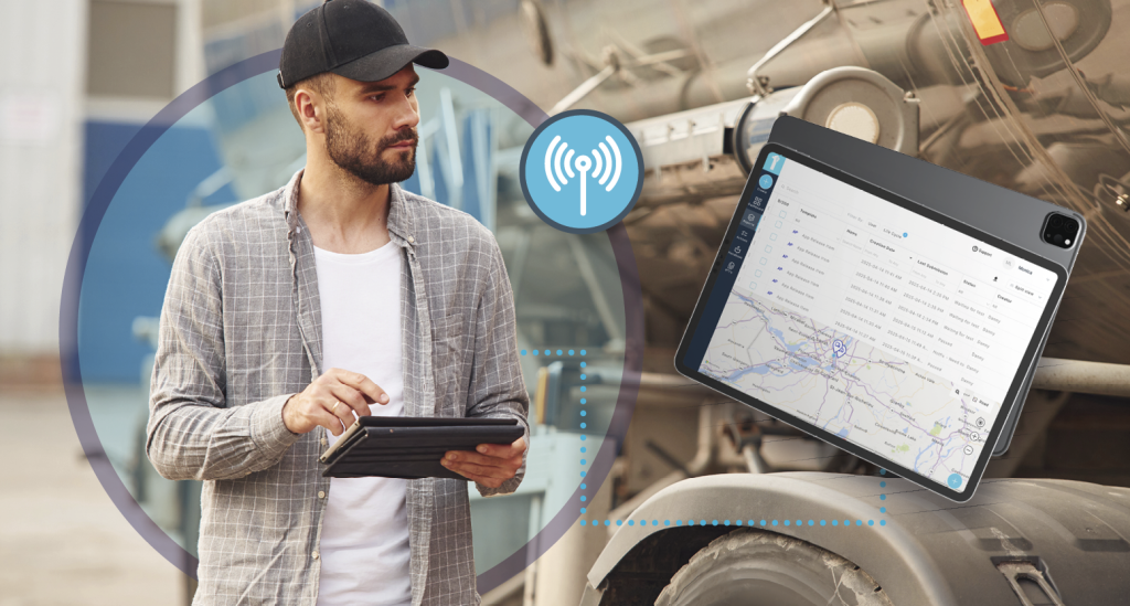 A driver uses a vehicle inspection checklist app on a mobile tablet to complete his pre-trip safety inspection. Learn more about mobile reporting for driver safety at 1stReporting.com.