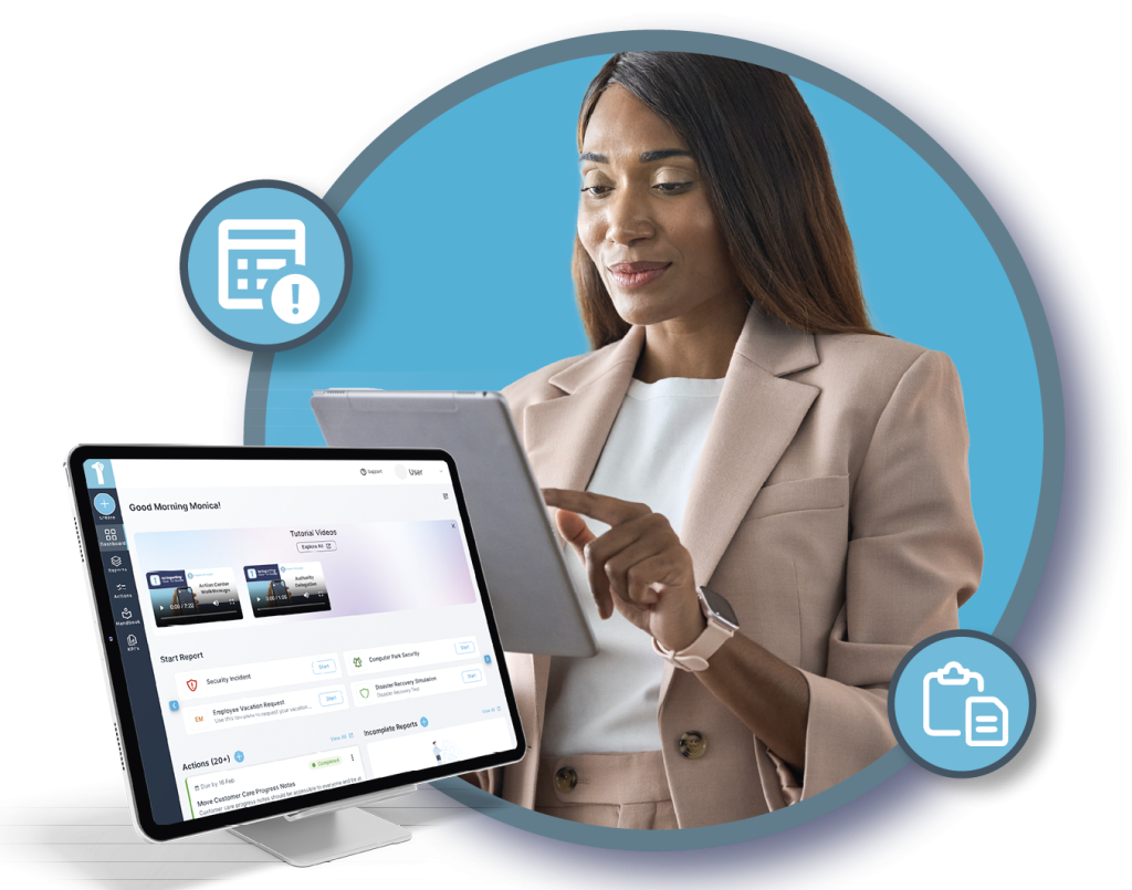 A manager uses a staffing app for reporting on the workforce in this image. Learn more about staffing reports and workforce efficiency and accountability software and management at 1stReporting.com.