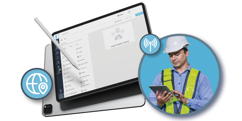 A municipal engineer uses a municipal reporting app to lead the way in this graphic. Learn more about enhancing public service reporting at 1stReporting.com.