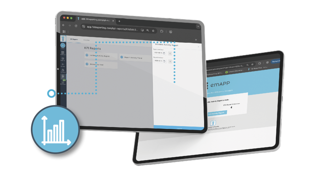 A powerful KPI dashboard in the 1st Reporting mobile app makes KPI tracking easy as shown on these mobile tablets. Learn more about identifying trends using a mobile app KPI dashboard at 1stReporting.com.