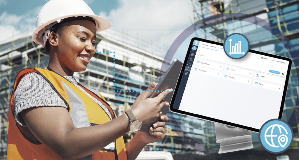 A construction worker using a construction punch list app to also complete incident reporting in this image. Learn more about using a construction app for reporting at 1stReporting.com.