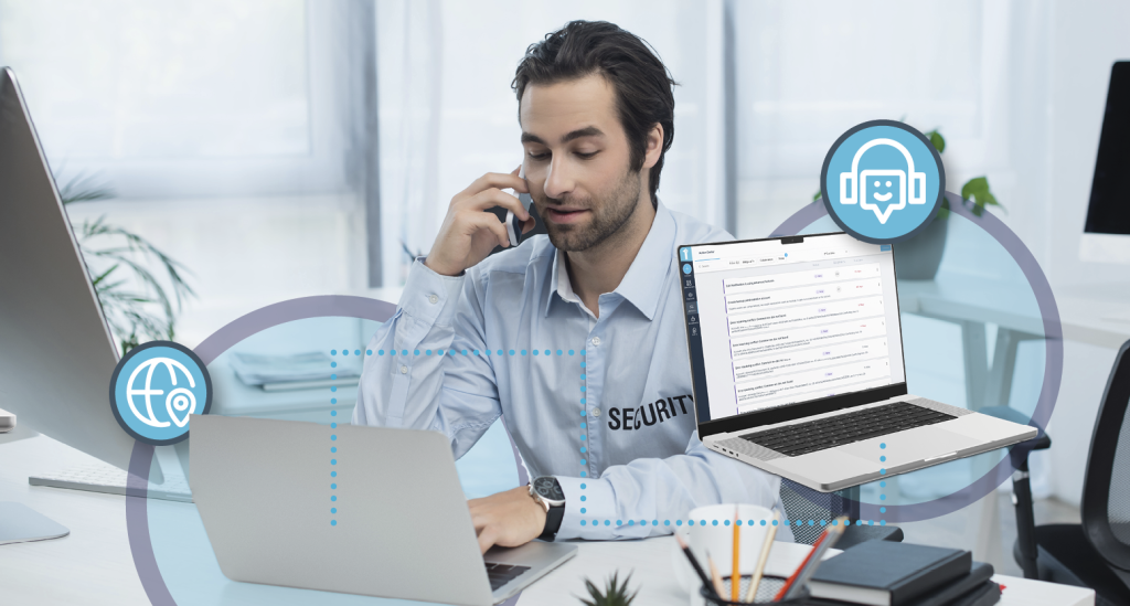 A security team member uses a security reporting app to help dispatch and manage team members in this image. Learn more about security incident reporting and management at 1stReporting.com.