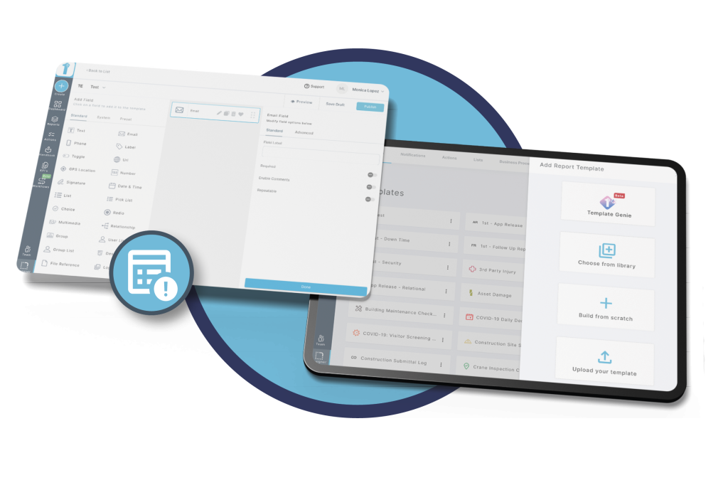 Industry specific templates in the online form builder app, 1st Reporting, are shown in this graphic. Learn more about the form builder app at 1stReporting.com.