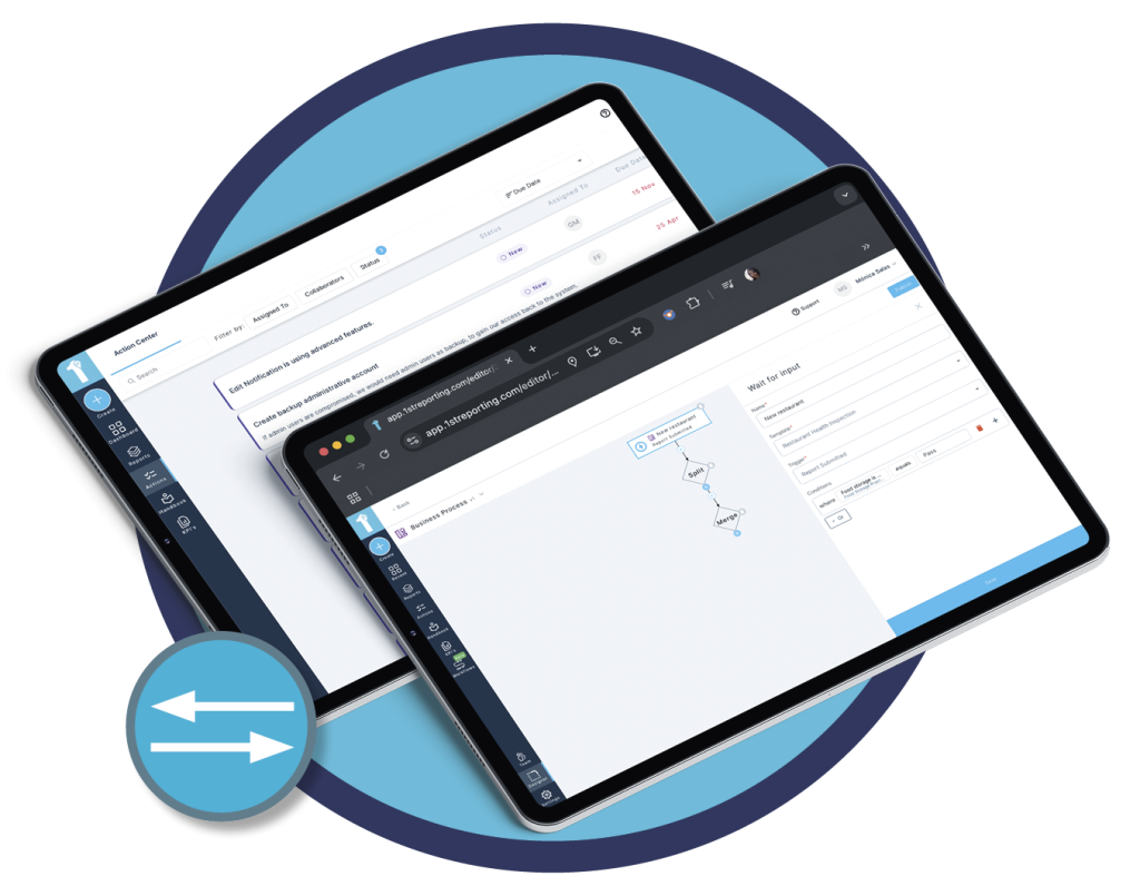 Workflow automation and management represented by two mobile devices. Learn more at 1stReporting.com.