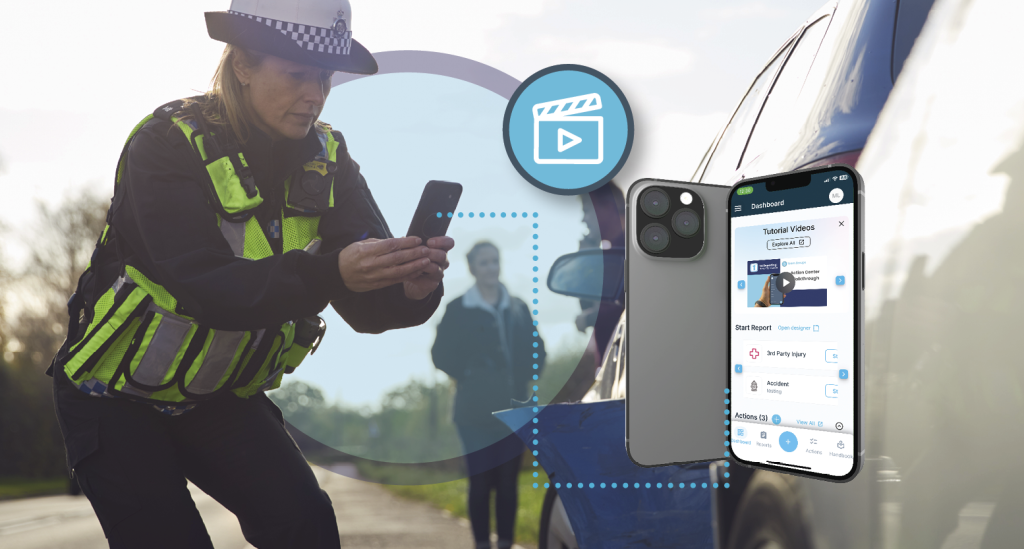 A mobile patrol security officer takes images to store in the security incident reporting software on her mobile device in this photo. Learn more about security reporting app management at 1stReporting.com.