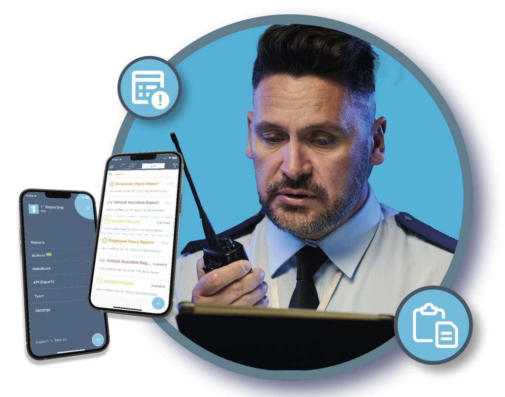 A security officer calls in on a radio and uses security incident reporting software to document an event in this image. Learn more about efficient and effective security reporting at 1stReporting.com.