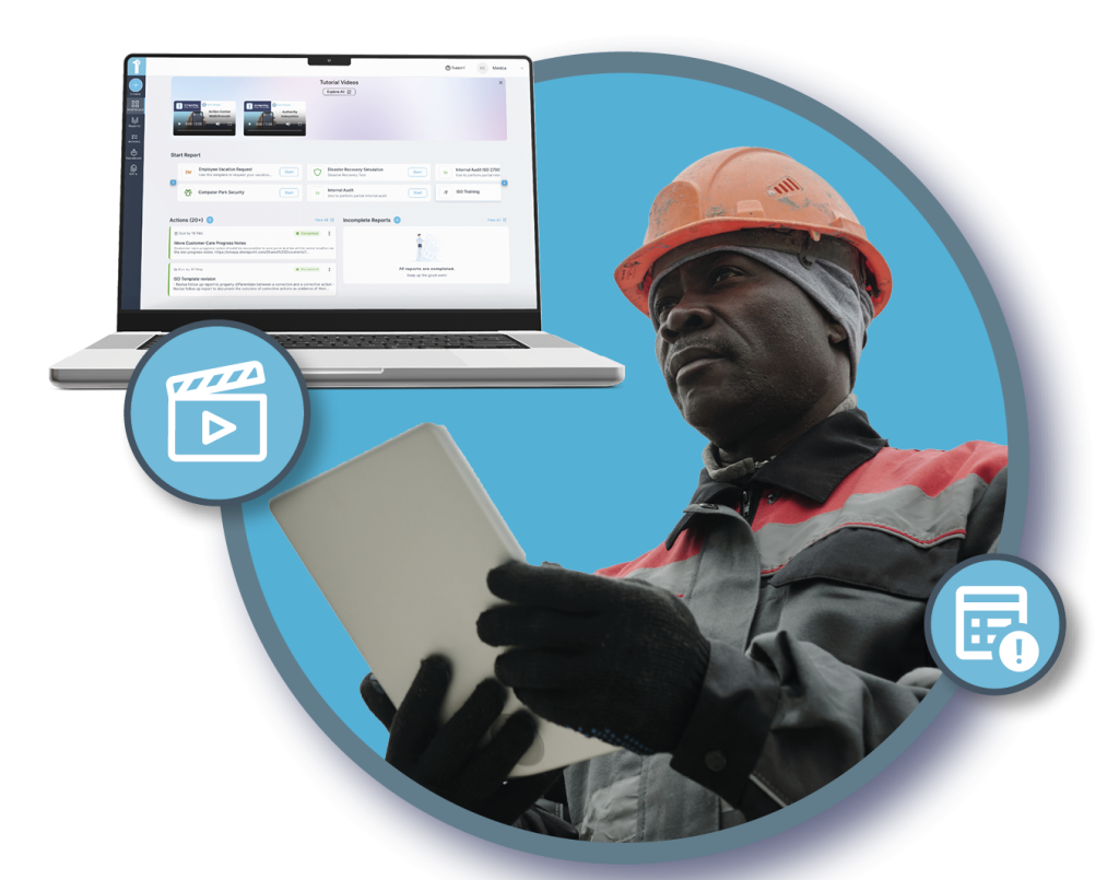 A municipal worker uses a municipal app for reporting events in the field. Learn more about mobile reporting for municipal management and services at 1stReporting.com.