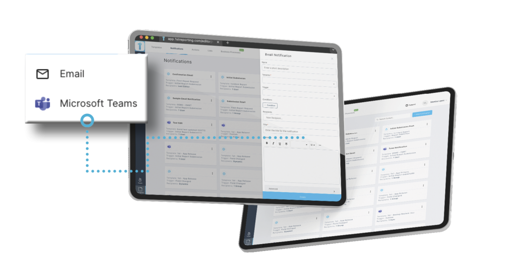 Incident and event notifications and alerts are represented on this image of multiple mobile devices running the 1st Reporting app. To learn more about omni-channel alerts for your field teams read more at 1stReporting.com.