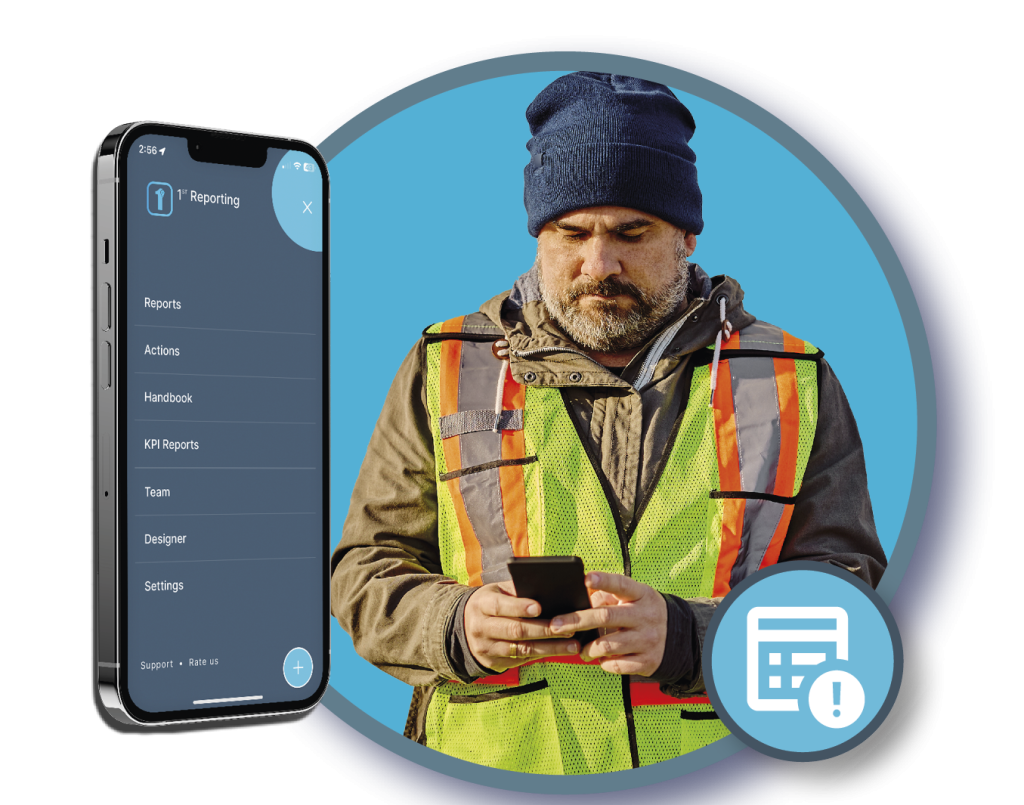 A driver uses a logistics app to report in about his delivery. Learn more at 1stReporting.com.