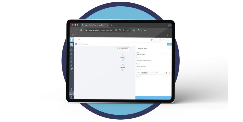 A tablet with 1st Reporting, a leading workflow automation tool, are shown in this graphic. Learn more about workflow and document automation tools at 1stReporting.com.