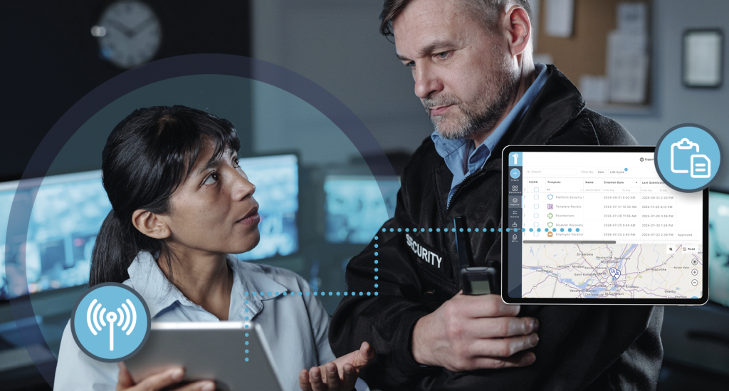 A security officer shows a security manager a report using security incident reporting software on a mobile tablet. Learn more about security incident reporting software at 1stReporting.com.
