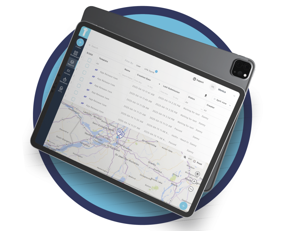 The form builder app feature and report tracking is shown on a mobile tablet operating the 1st Reporting app. Learn more about the form builder app solution at 1stReporting.com.