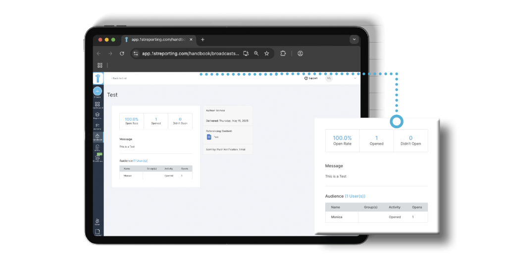 Compliance by tracking engagement of team members using the digital handbook feature of 1st Reporting app is represented in this image. Learn more about the app at 1stReporting.com.