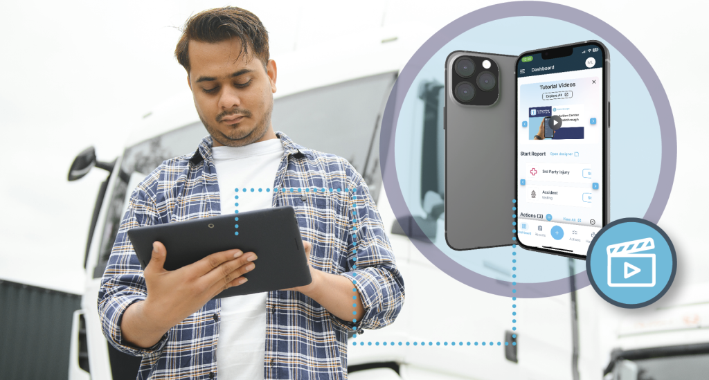 A driver uses transport compliance software on his mobile tablet to complete reports for better transportation compliance. Learn more about compliance and reporting at 1stReporting.com.