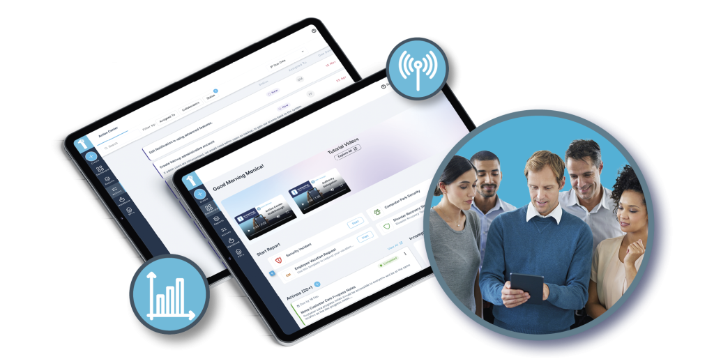 A team of workers use a staffing app to report in and maintain accountability. Learn more about workforce management with staffing reporting at 1stReporting.com.